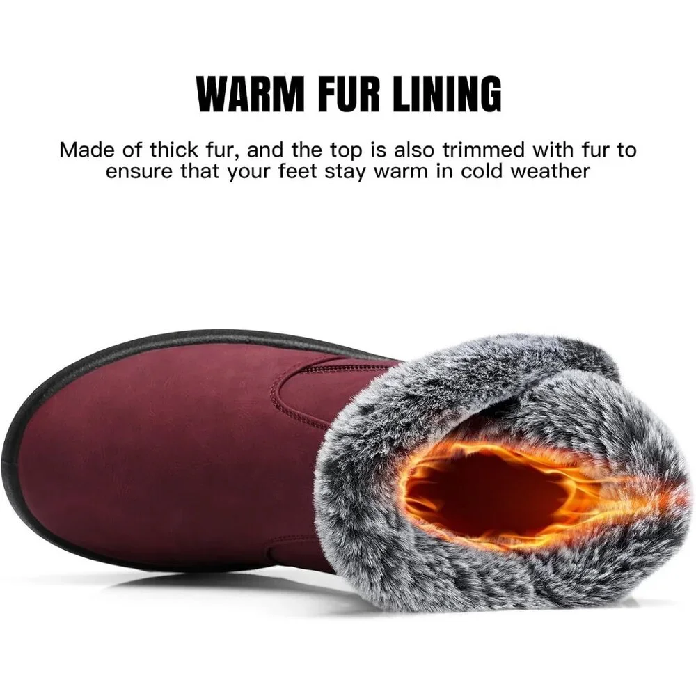 Women's Waterproof Snow Boot Warm Ankle Fur Lined Booties Insulated Shoes Red - Picture 6 of 6